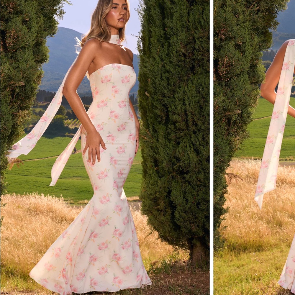 Oh Polly Imogene Scarf-Detail Strapless Gown in Large Rose Print